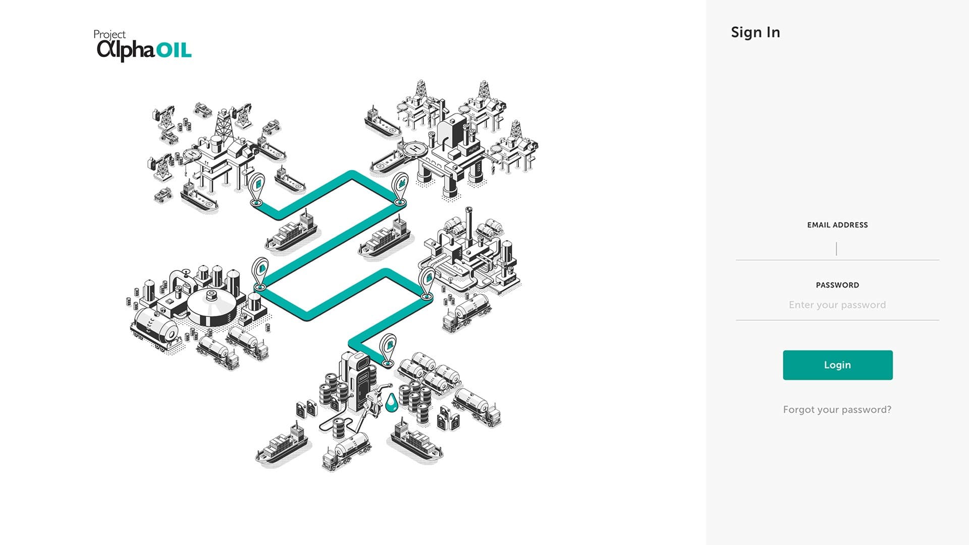 Project Alpha Oil sign-in screen with an isometric illustration of the oil and gas value chain