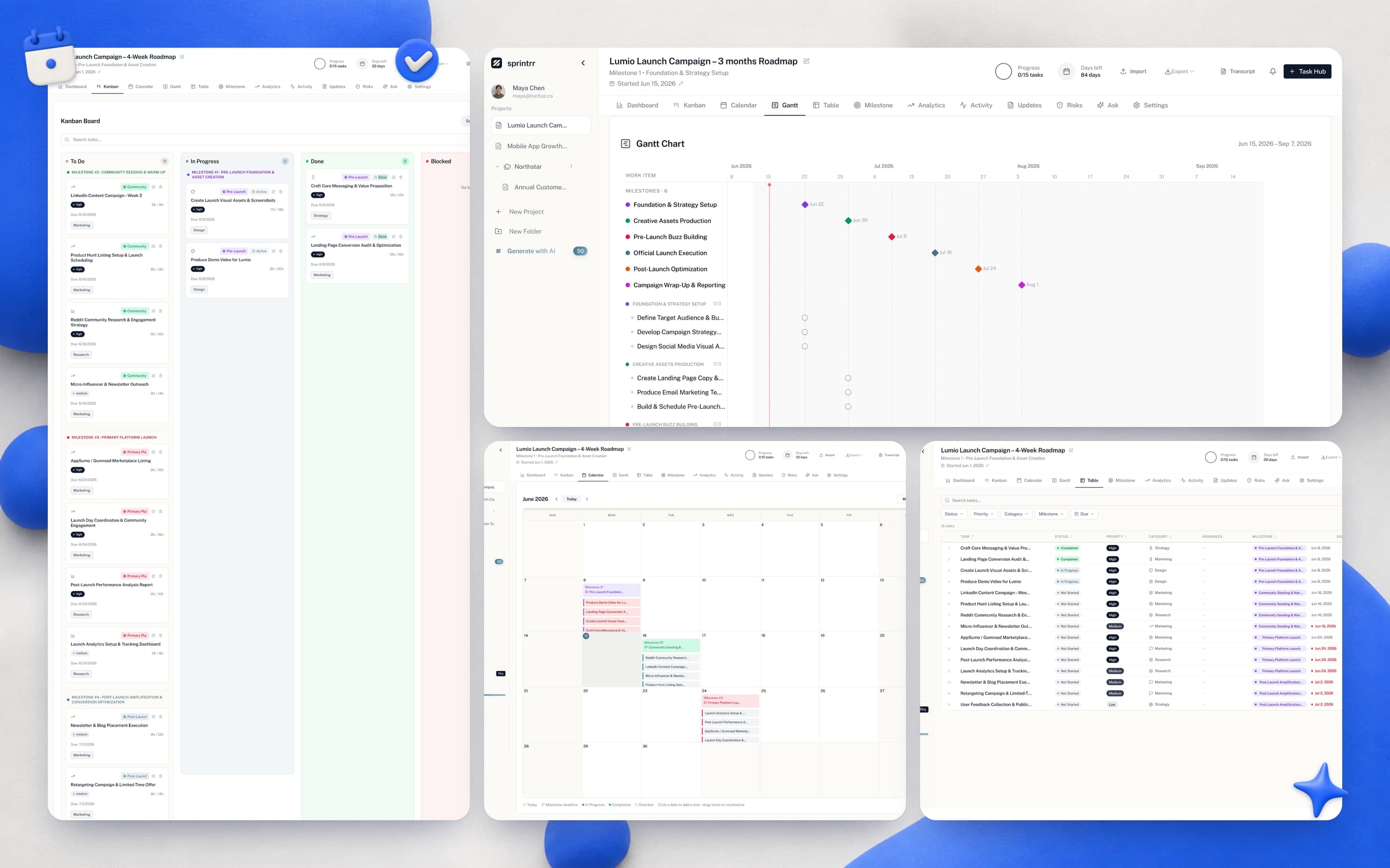 A 3D-clay bento of the sprintrr workspace: kanban board, Gantt timeline, calendar, and table views